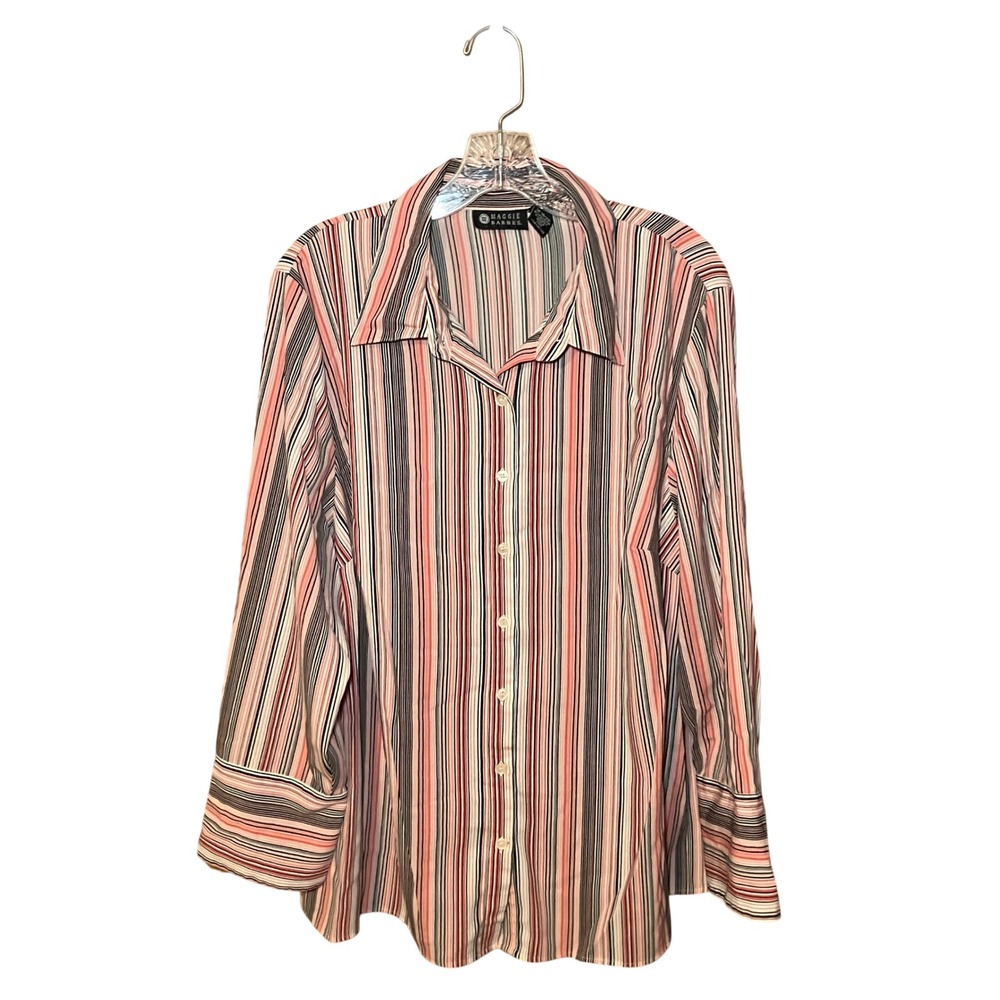 Maggie Barnes Button Down Shirt Women 1X Pink Black White  Striped Preppy Y2K